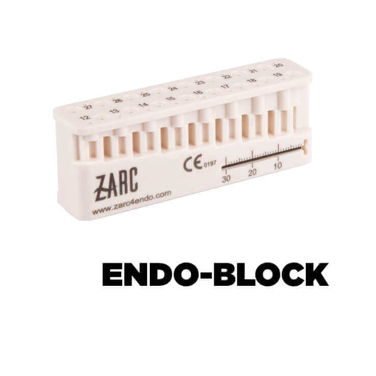 Endo-Block Used to measure the length of files, gutta-percha, and paper points. This measuring block has precise depth guides to measure the length of instruments used in endodontic treatment thanks to silicone stoppers.